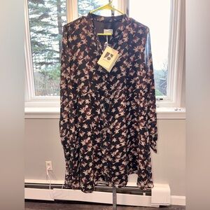 Recycled Polyester Floral Black and Tan Long Sleeve Dress